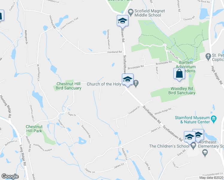 map of restaurants, bars, coffee shops, grocery stores, and more near 44 Chestnut Hill Road in Stamford