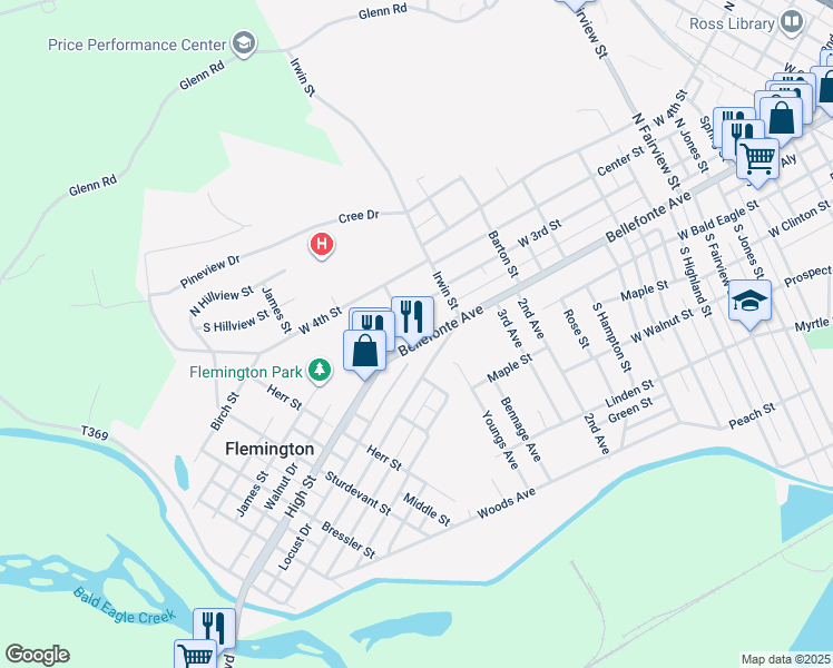 map of restaurants, bars, coffee shops, grocery stores, and more near 601 High St in Flemington