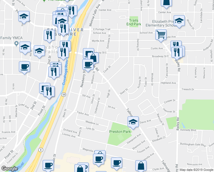 map of restaurants, bars, coffee shops, grocery stores, and more near 543 Tallmadge Road in Cuyahoga Falls