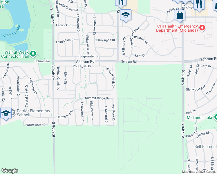 map of restaurants, bars, coffee shops, grocery stores, and more near 2205 South Mineral Drive in Papillion