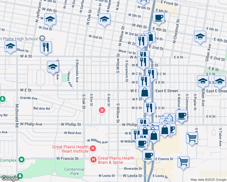 map of restaurants, bars, coffee shops, grocery stores, and more near 451-499 West E Street in North Platte