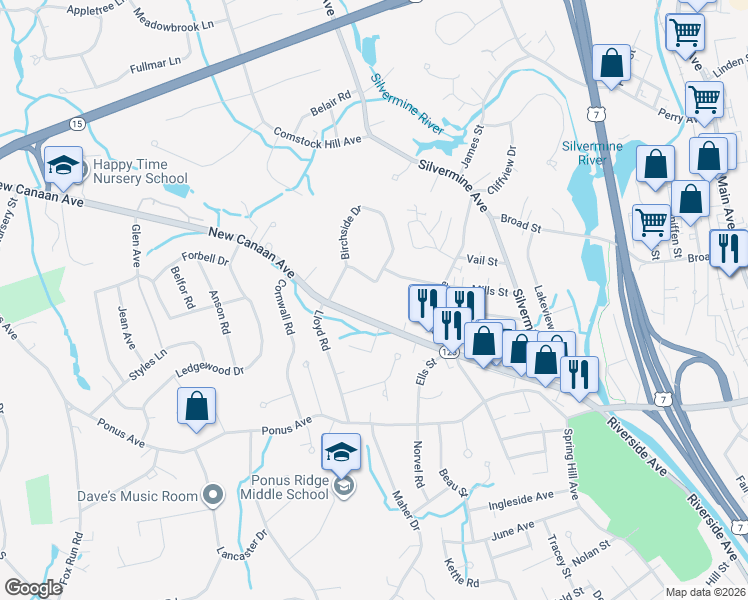 map of restaurants, bars, coffee shops, grocery stores, and more near 162 New Canaan Avenue in Norwalk