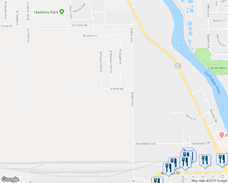 map of restaurants, bars, coffee shops, grocery stores, and more near 1136 0780 North Road in Kankakee