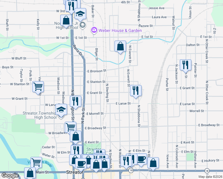 map of restaurants, bars, coffee shops, grocery stores, and more near 506 East Grant Street in Streator