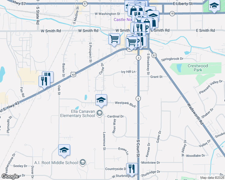 map of restaurants, bars, coffee shops, grocery stores, and more near 85 Circle Drive in Medina