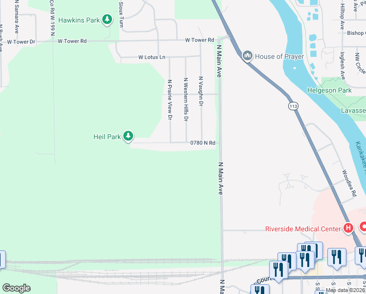 map of restaurants, bars, coffee shops, grocery stores, and more near 1136 0780 North Road in Kankakee