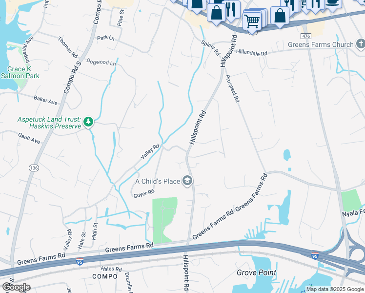 map of restaurants, bars, coffee shops, grocery stores, and more near 2 Valley Road in Westport