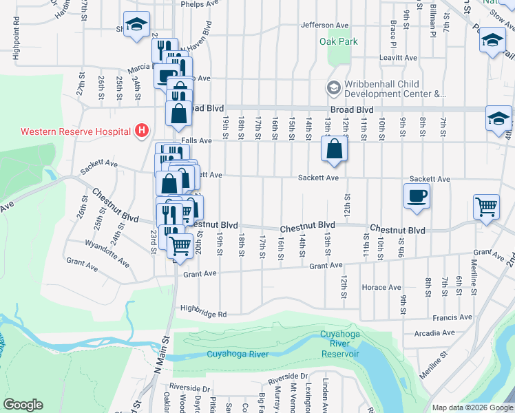 map of restaurants, bars, coffee shops, grocery stores, and more near 1743 18th Street in Cuyahoga Falls
