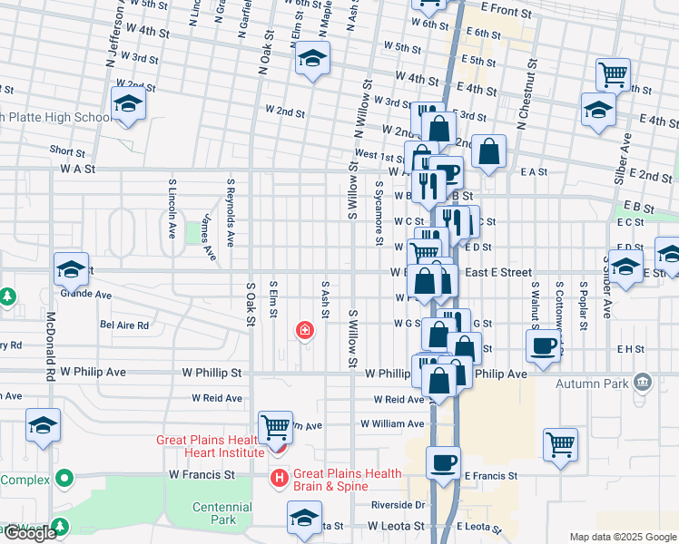 map of restaurants, bars, coffee shops, grocery stores, and more near 451 West E Street in North Platte