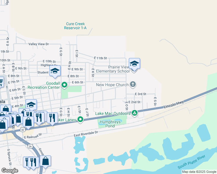 map of restaurants, bars, coffee shops, grocery stores, and more near 1317 East 4th Street in Ogallala