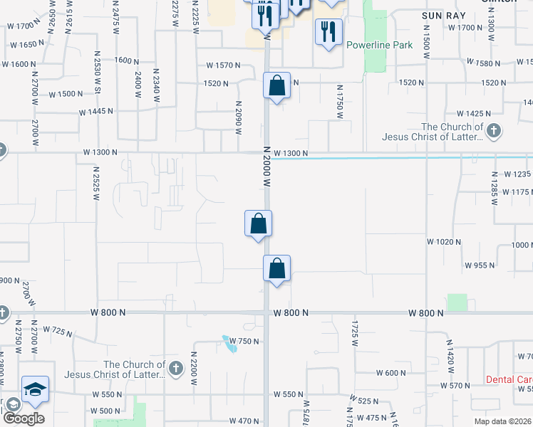 map of restaurants, bars, coffee shops, grocery stores, and more near North 2000 West in Clearfield
