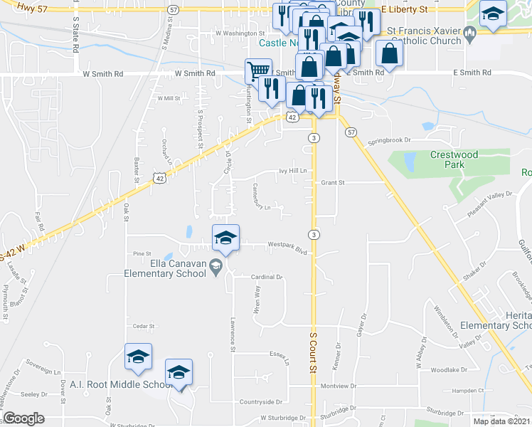 map of restaurants, bars, coffee shops, grocery stores, and more near 240 Canterbury Lane in Medina