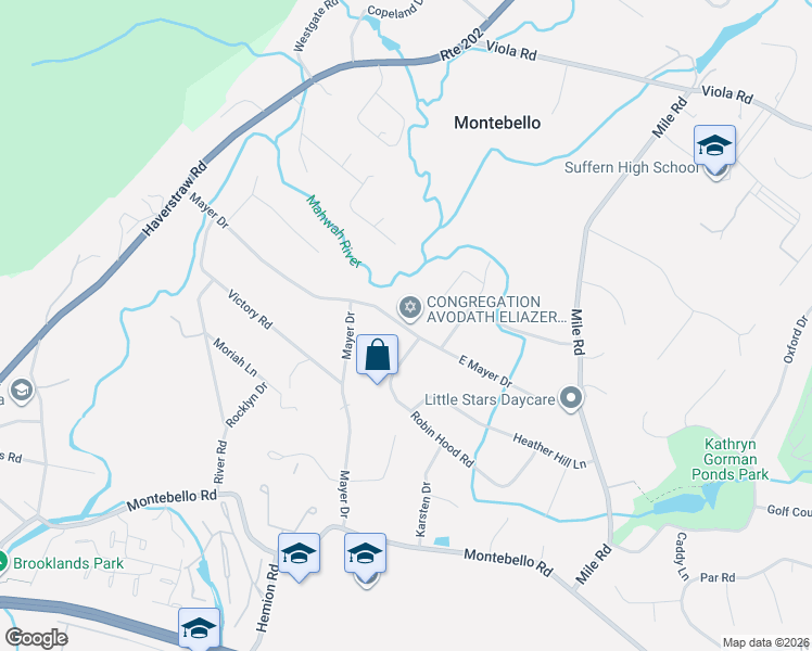 map of restaurants, bars, coffee shops, grocery stores, and more near 12 East Mayer Drive in Montebello