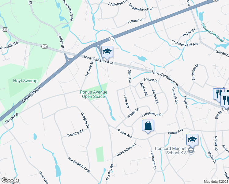 map of restaurants, bars, coffee shops, grocery stores, and more near 37 Glen Avenue in Norwalk
