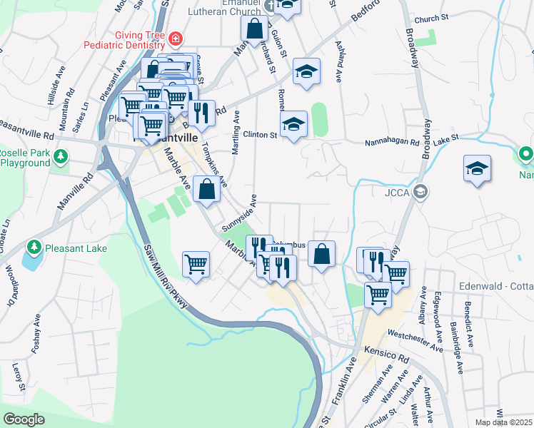 map of restaurants, bars, coffee shops, grocery stores, and more near 34 Lenox Avenue in Pleasantville