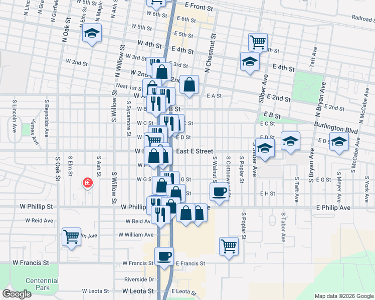 map of restaurants, bars, coffee shops, grocery stores, and more near 351-399 East E Street in North Platte