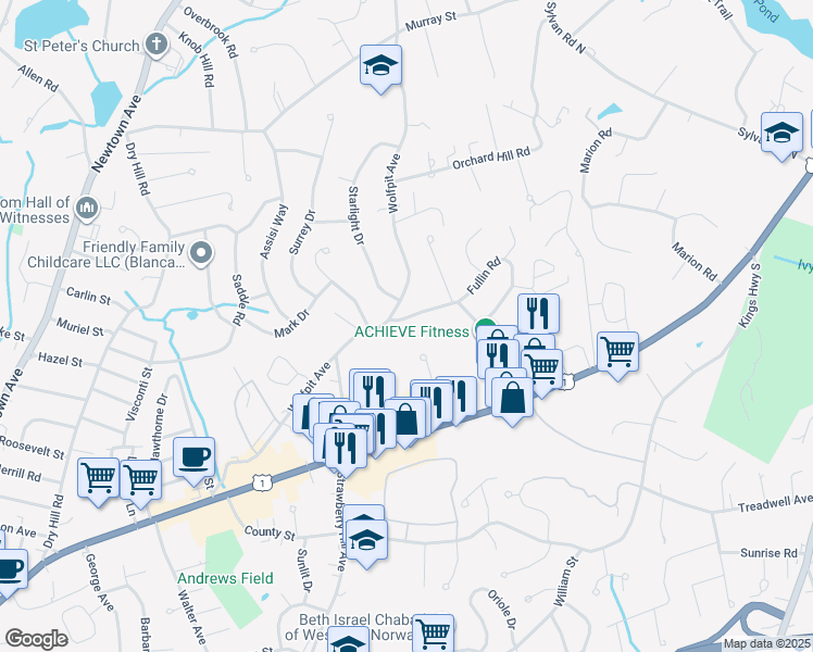 map of restaurants, bars, coffee shops, grocery stores, and more near 1 Fullin Road in Norwalk