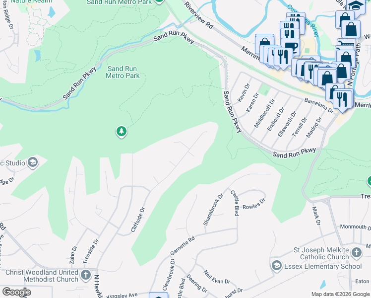 map of restaurants, bars, coffee shops, grocery stores, and more near 1538 Bonita Drive in Akron