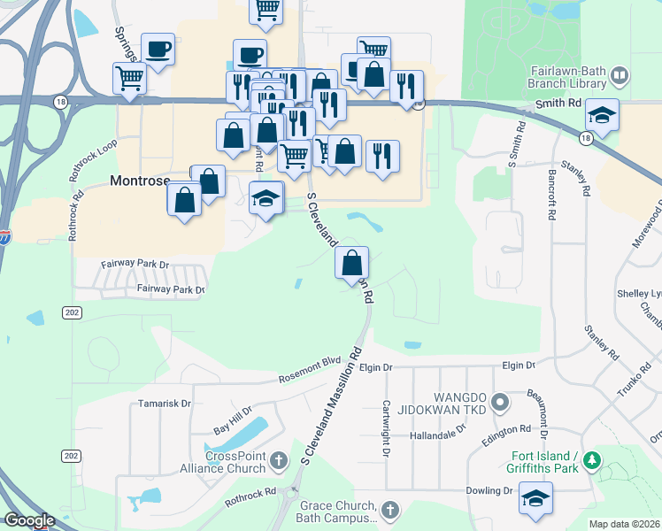 map of restaurants, bars, coffee shops, grocery stores, and more near 3522 Commercial Drive in Akron
