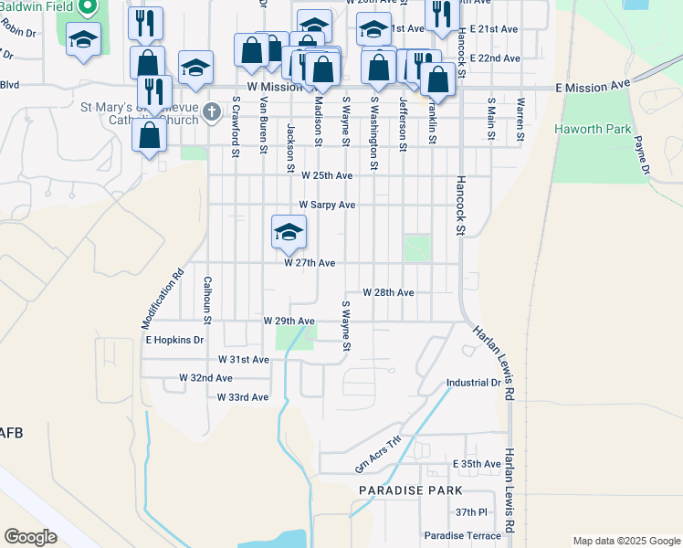 map of restaurants, bars, coffee shops, grocery stores, and more near 401 West 27th Avenue in Bellevue