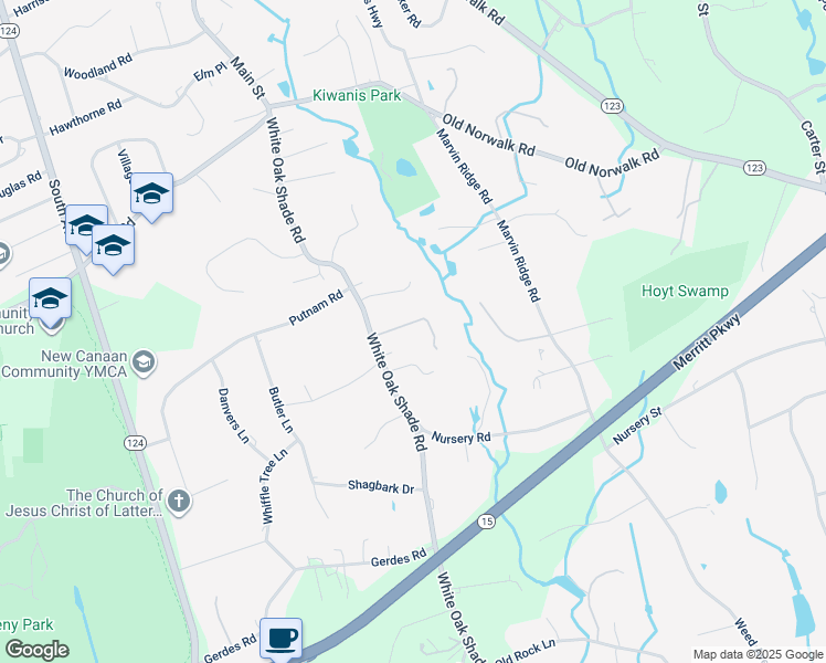 map of restaurants, bars, coffee shops, grocery stores, and more near 224 White Oak Shade Road in New Canaan