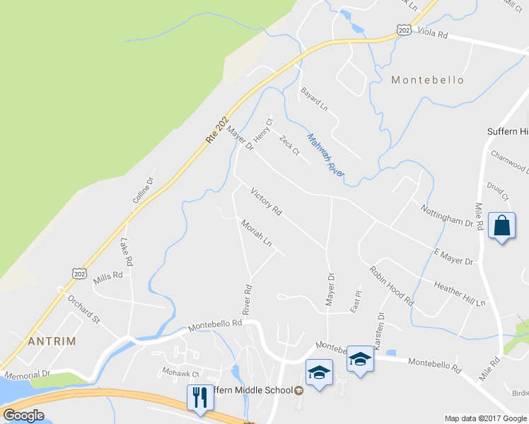 map of restaurants, bars, coffee shops, grocery stores, and more near 20 Victory Road in Suffern