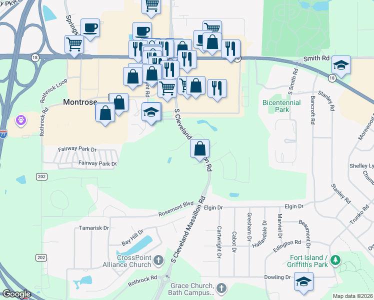 map of restaurants, bars, coffee shops, grocery stores, and more near 3522 Commercial Drive in Akron