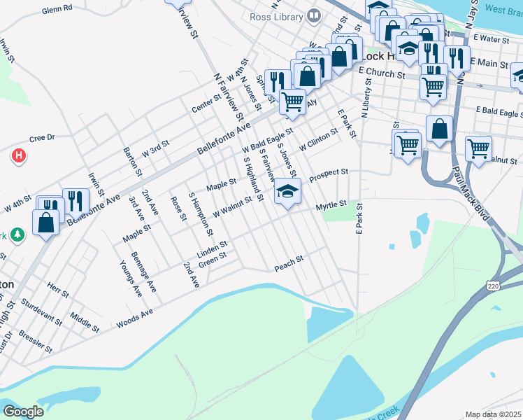 map of restaurants, bars, coffee shops, grocery stores, and more near 327 South Highland Street in Lock Haven