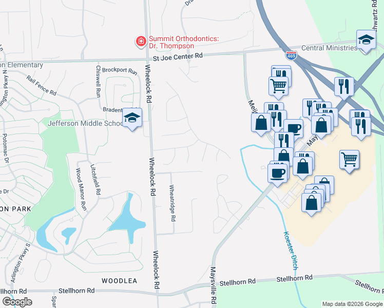 map of restaurants, bars, coffee shops, grocery stores, and more near 5226 Pepper Mill Place in Fort Wayne