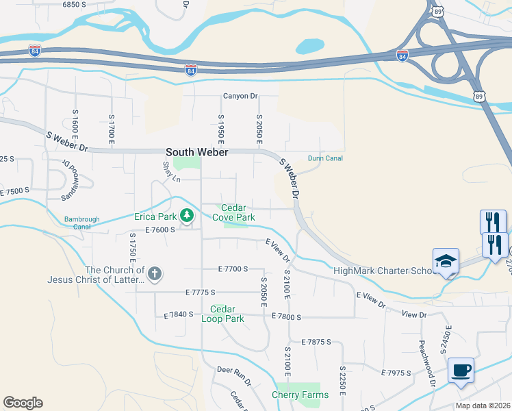 map of restaurants, bars, coffee shops, grocery stores, and more near 7544 South 2020 East in South Weber
