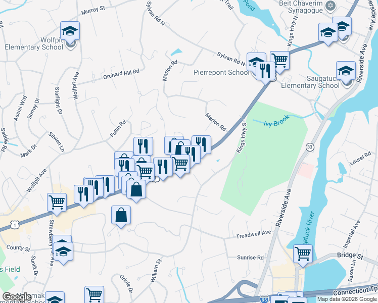 map of restaurants, bars, coffee shops, grocery stores, and more near 13 Hills Lane in Westport