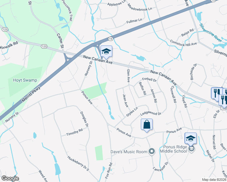 map of restaurants, bars, coffee shops, grocery stores, and more near 37 Glen Avenue in Norwalk