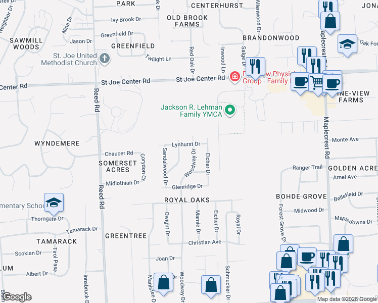 map of restaurants, bars, coffee shops, grocery stores, and more near 5317 Woodway Drive in Fort Wayne
