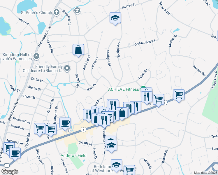 map of restaurants, bars, coffee shops, grocery stores, and more near 97 Wolfpit Avenue in Norwalk
