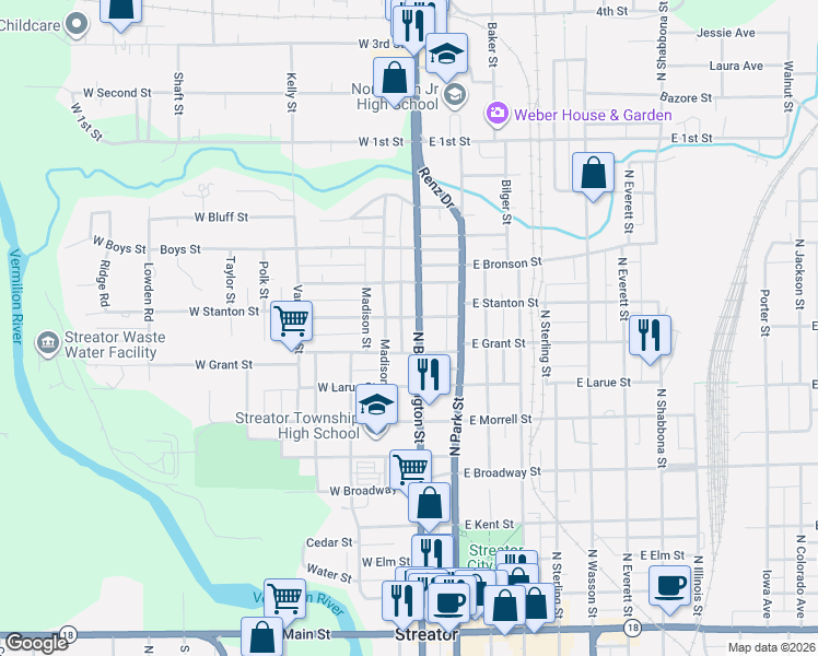 map of restaurants, bars, coffee shops, grocery stores, and more near 912 North Bloomington Street in Streator