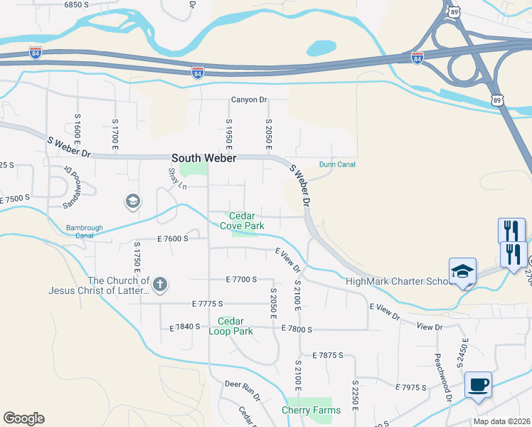 map of restaurants, bars, coffee shops, grocery stores, and more near 7544 South 2020 East in South Weber