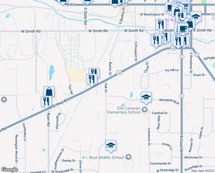 map of restaurants, bars, coffee shops, grocery stores, and more near 626 Oak Street in Medina