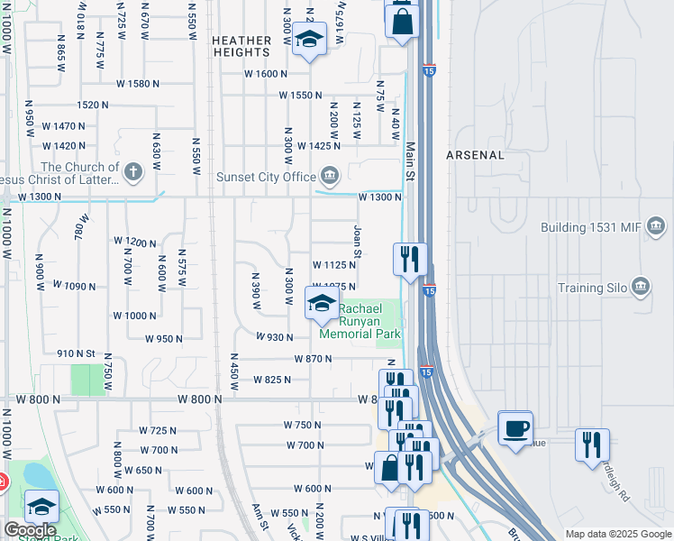map of restaurants, bars, coffee shops, grocery stores, and more near 153 West 1125 North in Sunset