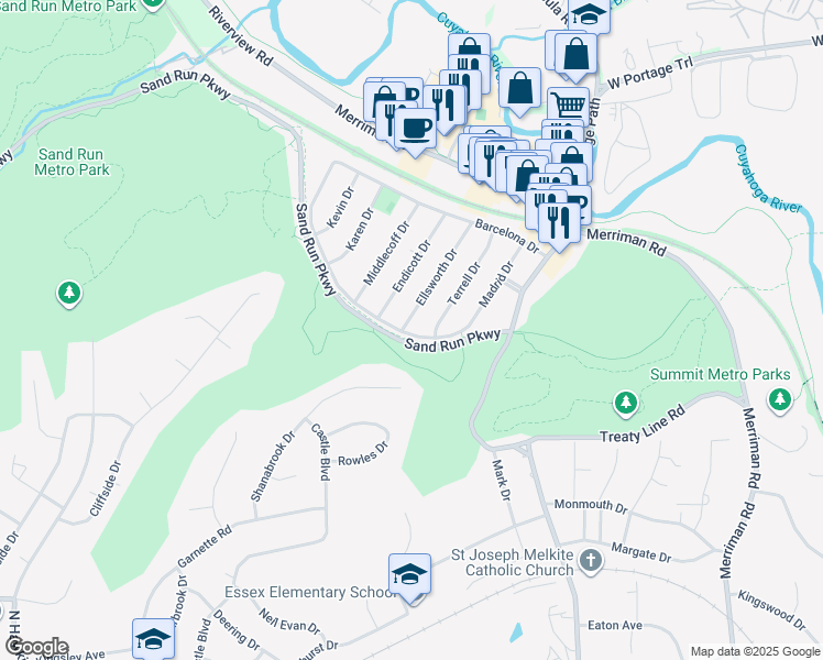 map of restaurants, bars, coffee shops, grocery stores, and more near 1311 Hilton Drive in Akron