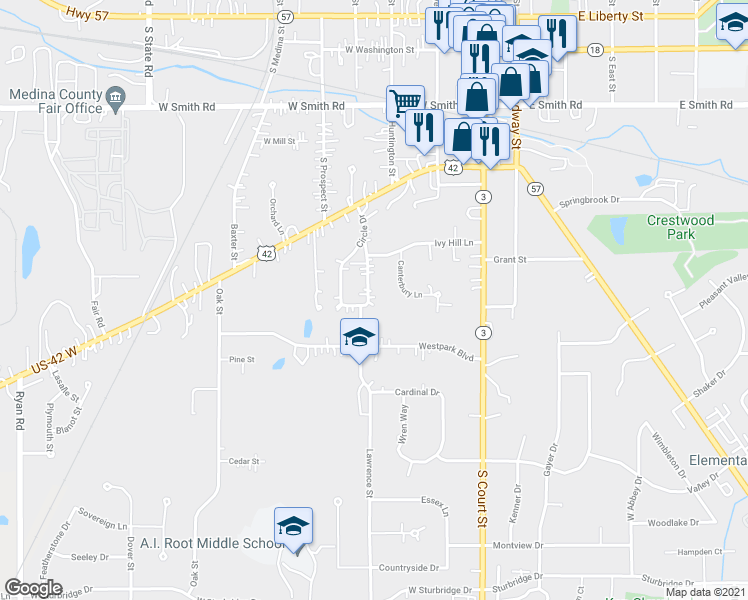 map of restaurants, bars, coffee shops, grocery stores, and more near 85 Circle Drive in Medina