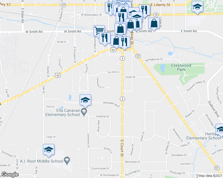 map of restaurants, bars, coffee shops, grocery stores, and more near 144 Canterbury Lane in Medina