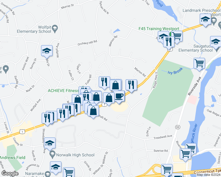 map of restaurants, bars, coffee shops, grocery stores, and more near 20 Hills Lane in Westport