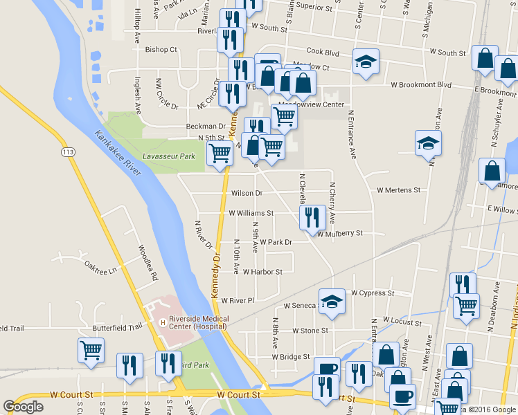 map of restaurants, bars, coffee shops, grocery stores, and more near 895 West Williams Street in Kankakee