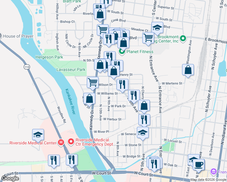 map of restaurants, bars, coffee shops, grocery stores, and more near 895 West Williams Street in Kankakee