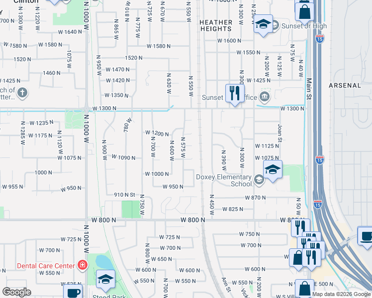 map of restaurants, bars, coffee shops, grocery stores, and more near 1118 North 575 West in Clinton