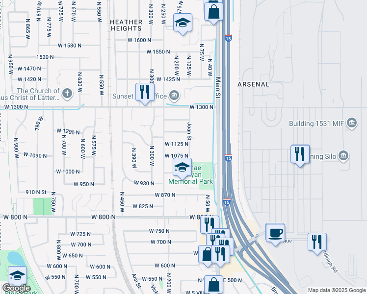 map of restaurants, bars, coffee shops, grocery stores, and more near 153 West 1125 North in Sunset