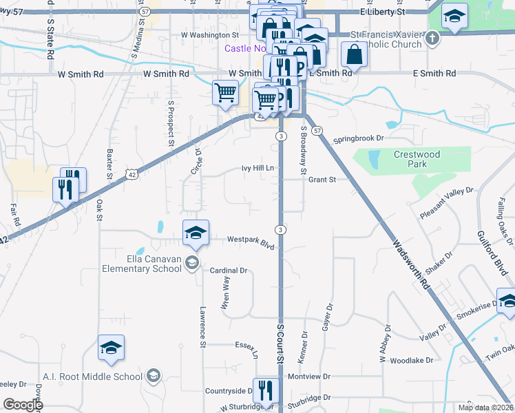 map of restaurants, bars, coffee shops, grocery stores, and more near 144 Canterbury Lane in Medina