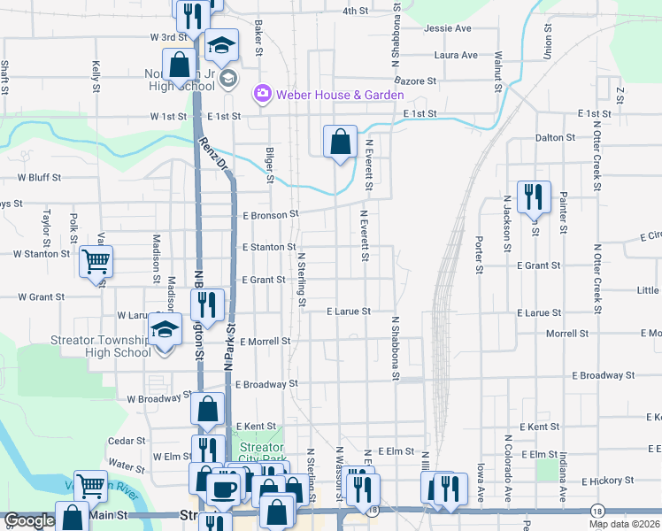 map of restaurants, bars, coffee shops, grocery stores, and more near 506 East Grant Street in Streator