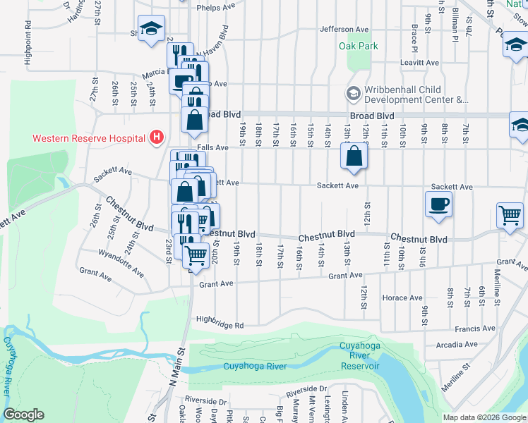 map of restaurants, bars, coffee shops, grocery stores, and more near 1743 18th Street in Cuyahoga Falls