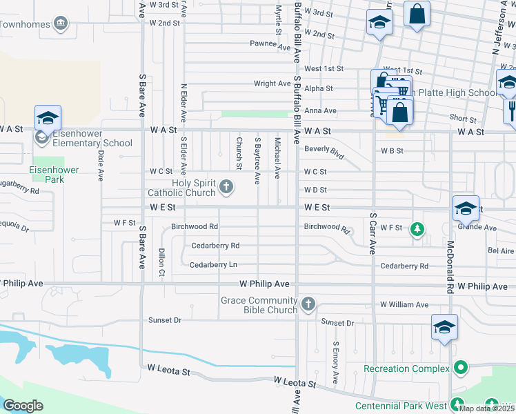 map of restaurants, bars, coffee shops, grocery stores, and more near 2699 West E Street in North Platte